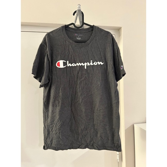 Champion Mens Script Logo T-Shirt Charcoal Heather Grey Medium Short Sleeve - Picture 2 of 7